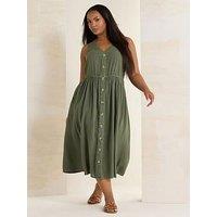 Yours Curve Sleeveless Button Chambray Dress - Green