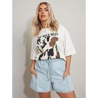Yours Curve Tie Waist Denim Short - Blue