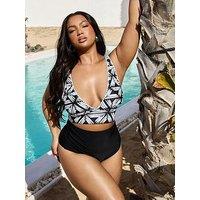 Yours Curve Dash Geo Plunge Bikini Top - Black
