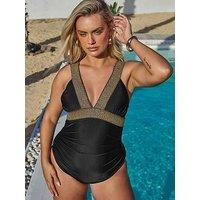 Yours Curve Metallic Tape Plunge Swimsuit - Black