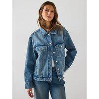 Mango Oversized Denim Jacket With Pockets - Blue