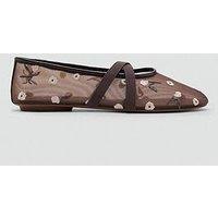 Mango Ballerina Flats With Cross Straps With Embroidered Flowers - Brown