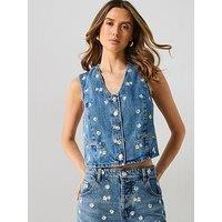 Mango Flower Embroidered Crop Vest - Blue