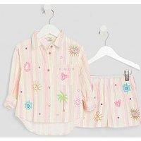River Island Mini Mini Girls Stripe Embroidered Shirt Set - Pink