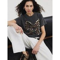 River Island Short Sleeve Leopard Bow Washed Tee - Grey