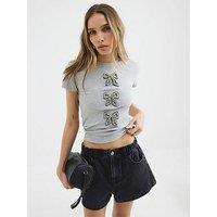 River Island Short Sleeve Diamante Bow Rib Tee - Grey