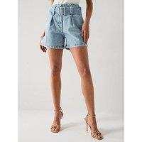 V By Very High Waist Belted Denim Shorts - Mid Wash