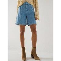V By Very Soft Denim Pleat Shorts - Mid Wash