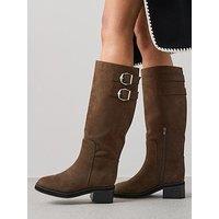 The Very Collection Low Block Heel Knee Boot With Buckles - Khaki