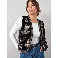V By Very Curve Embroidered Velvet Waistcoat - Black