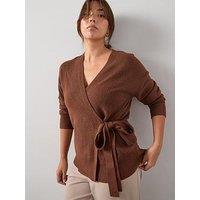 V By Very Curve Cosy Yarn Longline Wrap Jumper With Wool - Brown