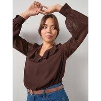 V By Very Curve Ruffle Detail Tunic Blouse - Brown