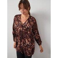 V By Very Curve Printed Smock Longline Blouse - Chocolate