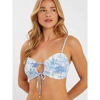 Accessorize Blue Palm Tie Front Bikini Top - White