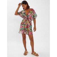 Accessorize Tropical Print Chiffon Kaftan Cover Up - Black