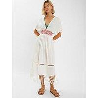 Accessorize Palm Embroidered Fringe Kaftan Midi Dress - Ivory