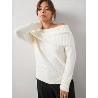 The Very Collection Curve Pearl Trim Off Shoulder Jumper - White