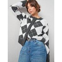 V By Very Curve Argyle Button Through Crew Neck Cardigan - Grey