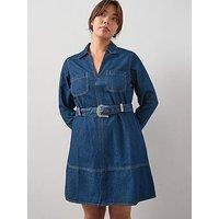 V By Very Curve Collar Detail Belted Denim Mini Dress - Dark Wash