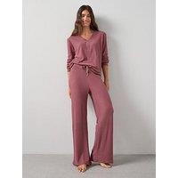 The Very Collection V Neck Long Sleeve Waffle Top With Wide Leg Loungewear Set - Red