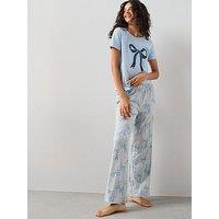 The Very Collection Short Sleeve Bow Wide Leg Pj Set - Blue