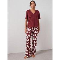 The Very Collection V Neck Tshirt With Floral Aop Wide Leg Pj Set - Burgundy