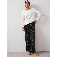 The Very Collection Long Sleeve Tshirt Disco Ball Pocket Detail With Wide Leg Pj Set - White