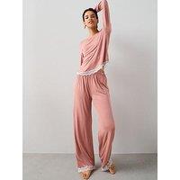 The Very Collection Lace Trim Long Sleeve And Wide Leg Pyjama Set - Pink