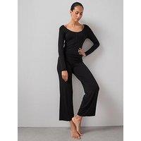 The Very Collection Ve Henley Top And Turn Up Waistband Wide Leg Pj Set - Black