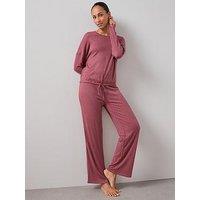 The Very Collection Pointelle Tie Front Ls Op And Wide Leg Bottom Pj Set - Red