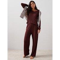 The Very Collection Lace Trim Soft Touch Henley And Wide Leg Trouser Pj Set - Burgundy