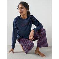 The Very Collection Flock Placement Baby Fleece Top And Ribbon Print Wide Leg Pj Set - Navy