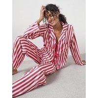 The Very Collection Stripe Satin Tie Front Shirt And Wide Leg Pj Set - Pink