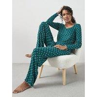 The Very Collection Soft Touch Pointelle Ribbon Print Henley And Wide Leg Pj Set - Green