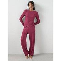 The Very Collection Lettuce Hem Ribbed Long Sleeve Top And Wide Leg Trouser Pj Set - Red