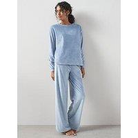 The Very Collection Carved Heart Island Fleece Crew Top And Wide Leg Pj Set - Blue