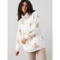 The Very Collection Carved Bow Print Half Zip And Legging Loungewear Set - Cream