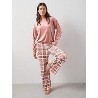 The Very Collection Slogan Sweat And Baby Fleece Check Bottom Pj Set - Pink