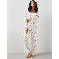 The Very Collection Pointelle Cherry Henley And Wide Leg Trouser - White