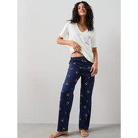 The Very Collection V Neck Tshirt Bow Wide Leg Pj Set - Navy