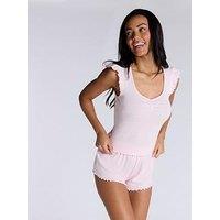 Boux Avenue Pointelle Frill Short Sleeve Top And Short Pyjama Set - Powder Pink
