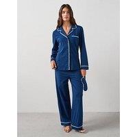 The Very Collection Lace Trim Revere Pj Set With Matching Eyemask - Blue