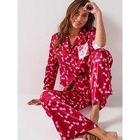 The Very Collection Satin Cherry Print Contrast Revere Pyjama Set - Red