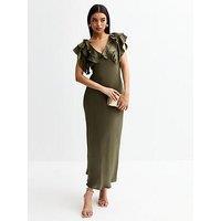 New Look Khaki Crinkled Satin Ruffled Midi Dress