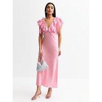 New Look Pink Crinkled Satin Ruffled Midi Dress