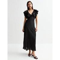 New Look Black Crinkled Satin Ruffled Midi Dress