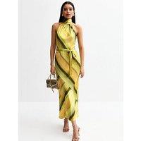 New Look Green Satin Stripe Print Halterneck Midi Dress
