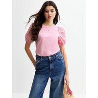 New Look Broderie Anglaise Sleeve Jersey Top - Pink