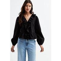 New Look Black Frill Trim Pintuck Blouse