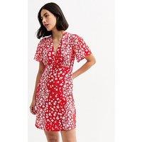 New Look Red Floral Print Flutter Sleeve Mini Dress